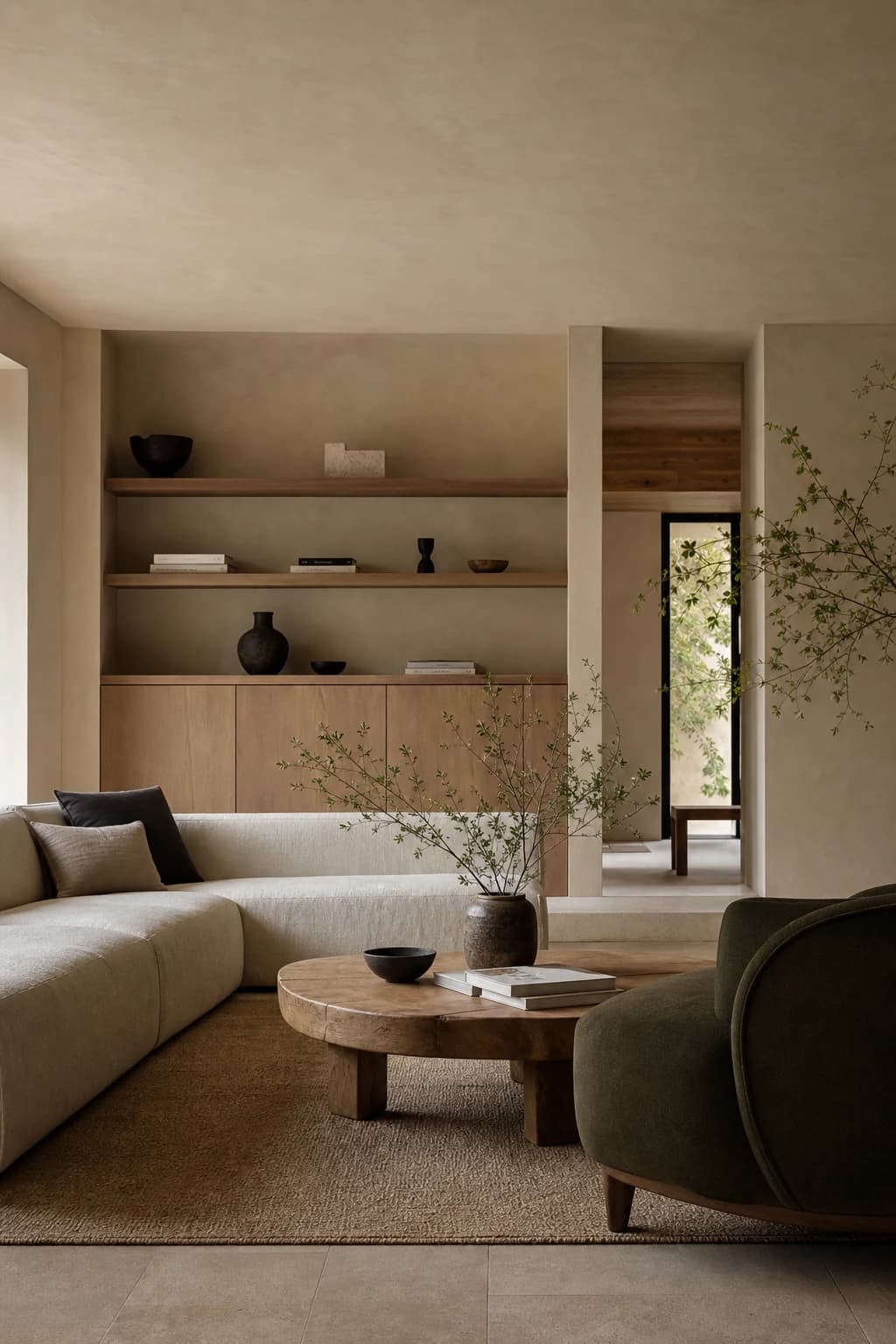 A warm contemporary living room with natural oak, linen upholstery, and an olive lounge chair